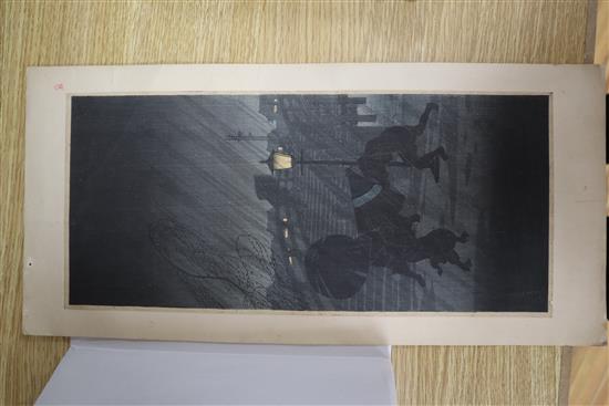 Japanese School, pair of woodblock prints, Travellers in stormy weather, 38 x 17cm, unframed